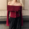 Knit Ruffles Pullover Sweater Flare Sleeve Patchwork Off-Shoulder Women’s Knitwear - A / XL