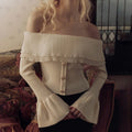 Knit Ruffles Pullover Sweater Flare Sleeve Patchwork Off-Shoulder Women’s Knitwear - C / S