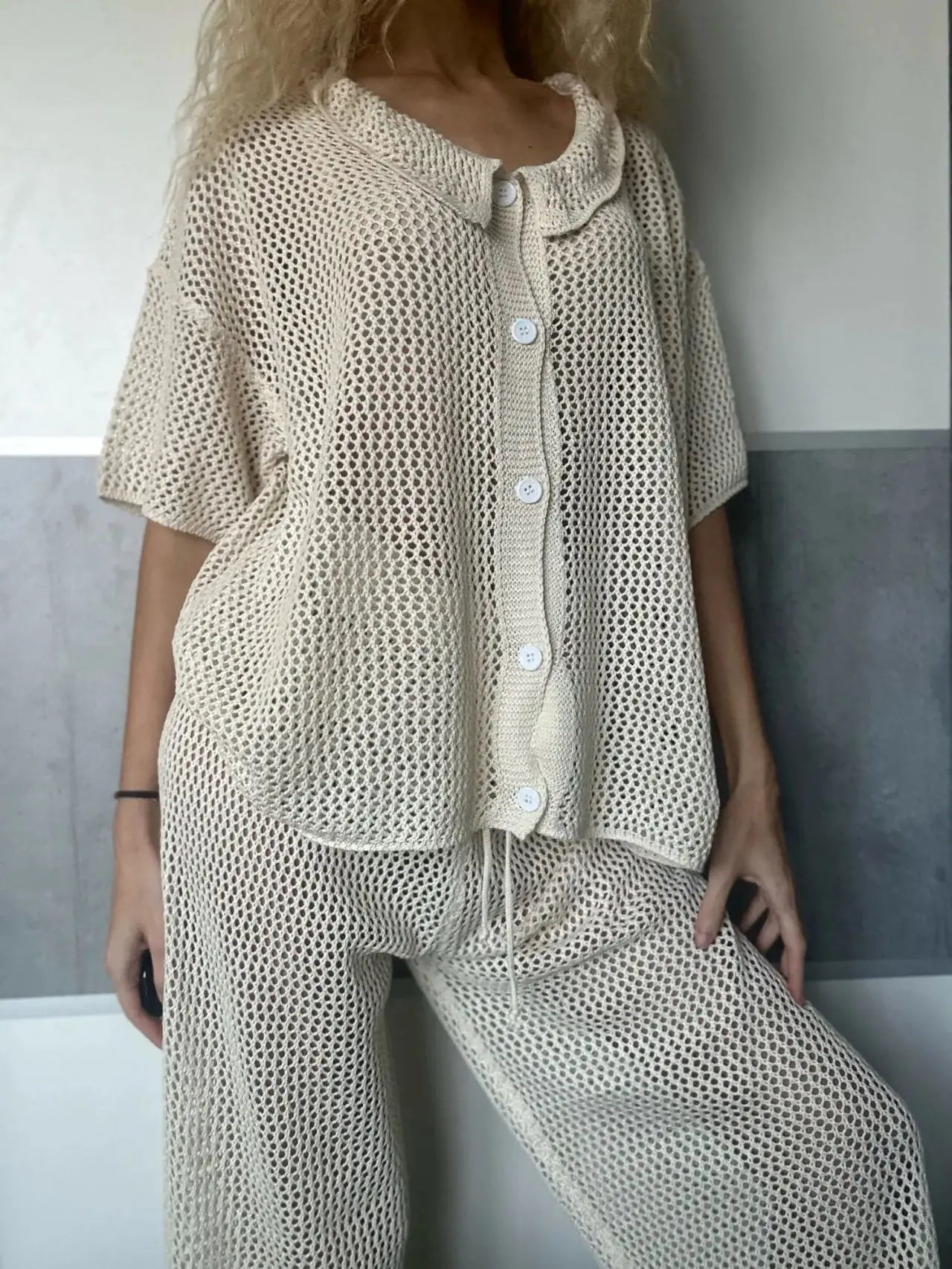 Knitted Hollow Out cardigan Top Straight Pants Sets