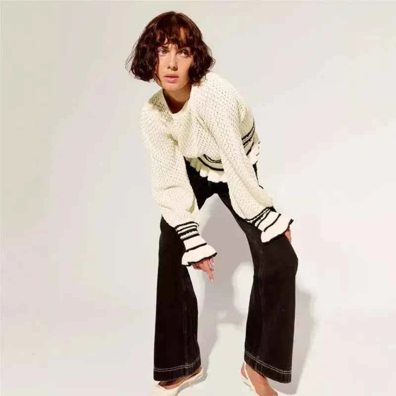 Knitted Ruffle Cuff Tightening Pullover for Women