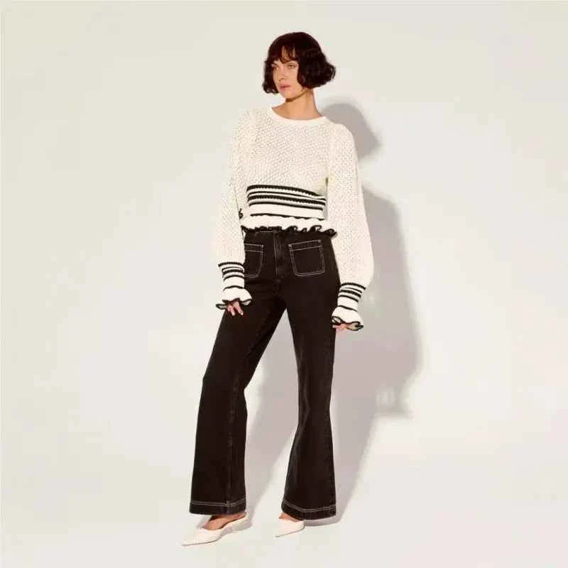 Knitted Ruffle Cuff Tightening Pullover for Women