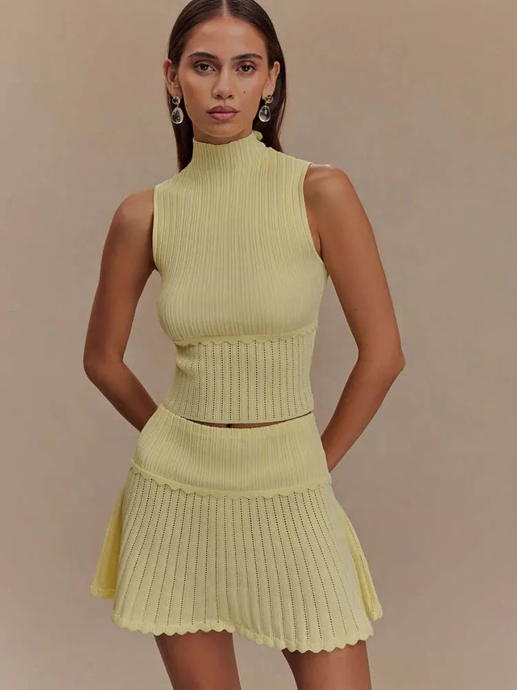Knitted Turtleneck 2 Piece Sets Women - Yellow / L