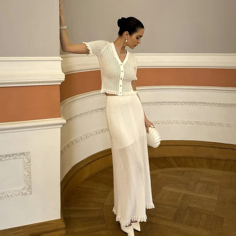 Knitting Hollow Top Long Skirt Suit