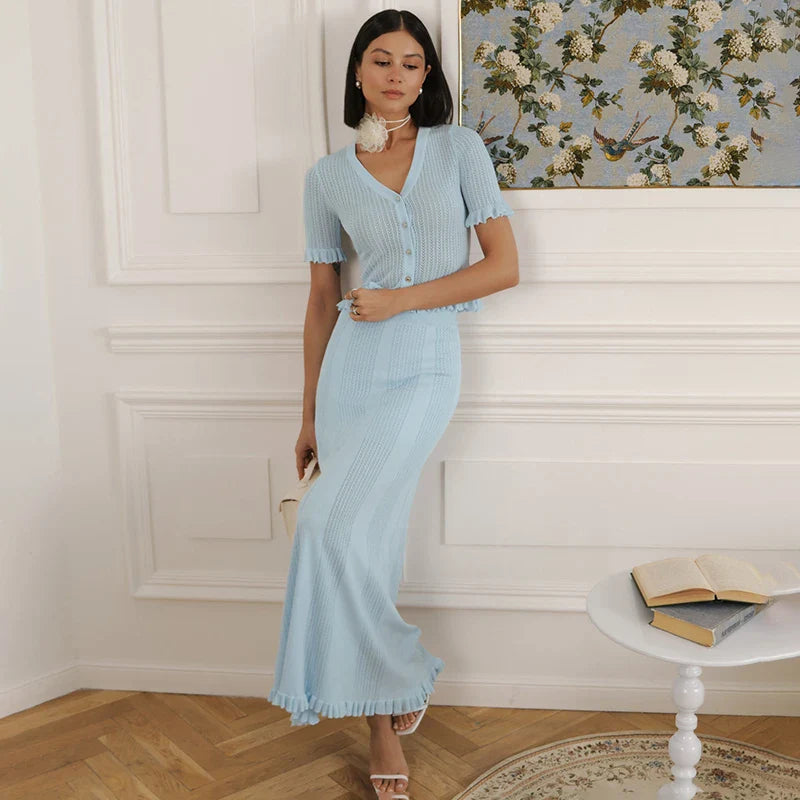 Knitting Hollow Top Long Skirt Suit