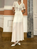 Knitting Hollow Top Long Skirt Suit - White / S
