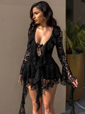 Lace Ruffled Streamer Dress For Women - Black / L