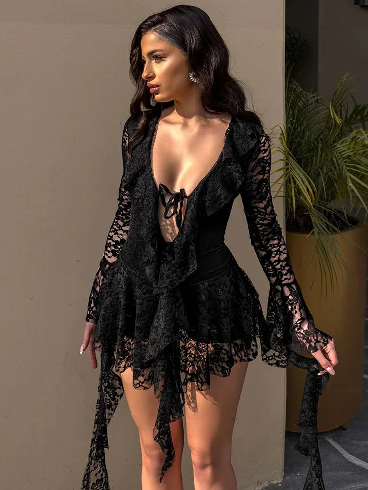 Lace Ruffled Streamer Dress For Women - Black / L