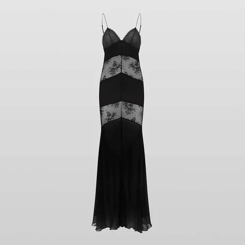 Lace See Through Sling Maxi Dress Women Slim Black Backless - S / black - Other