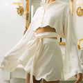 Lace Up Mini Skirt Set For Women V Neck Long Sleeve Button Top High Waist