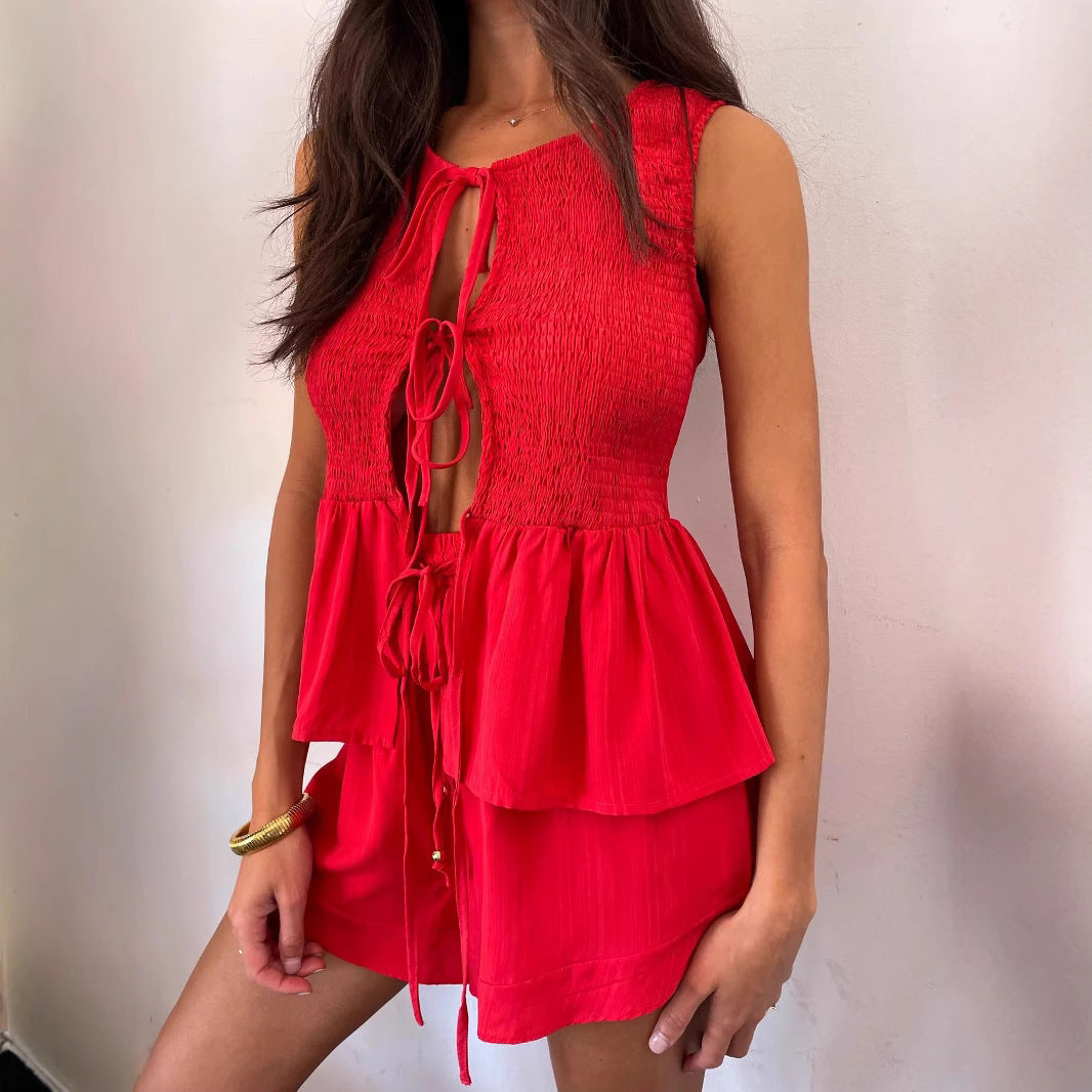 Lace-up Sleeveless Backless Top High Waist Shorts Suit - electronic accessories