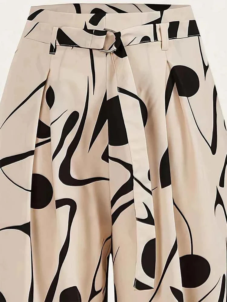 Ladies Abstract Print Belt Casual Wide Leg Pants