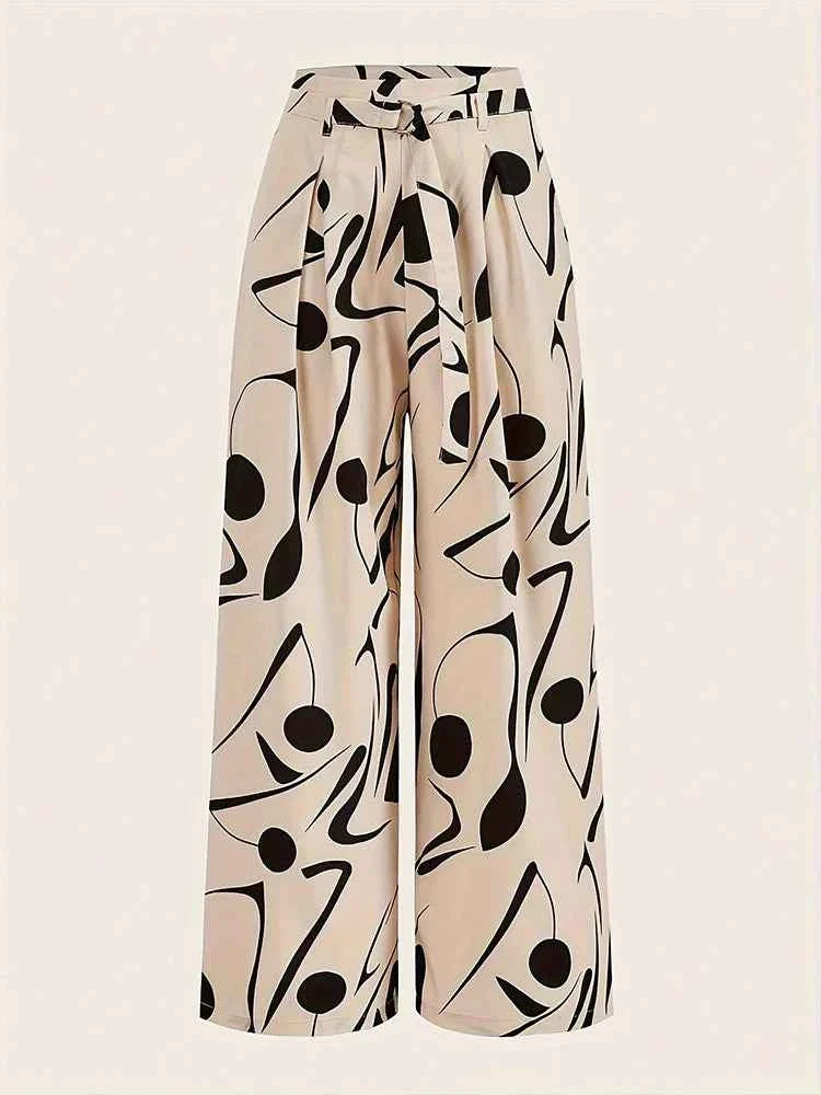 Ladies Abstract Print Belt Casual Wide Leg Pants