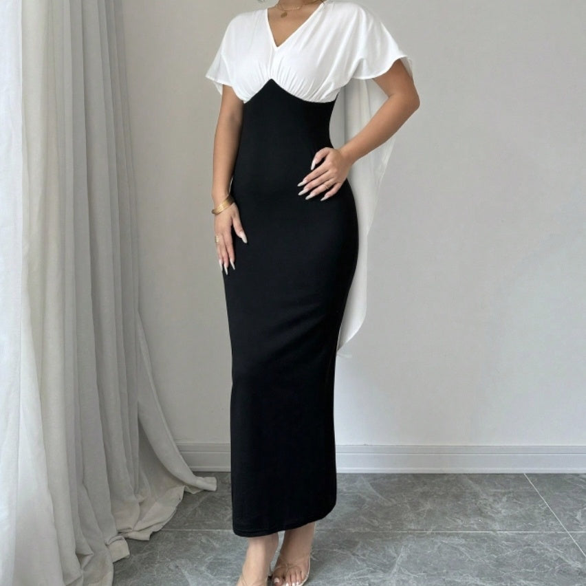 Ladies’ Commuting Elegant Casual V-neck Color Block Patchwork Short Sleeved Dress - electronic accessories