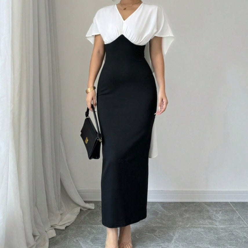 Ladies’ Commuting Elegant Casual V-neck Color Block Patchwork Short Sleeved Dress - electronic accessories