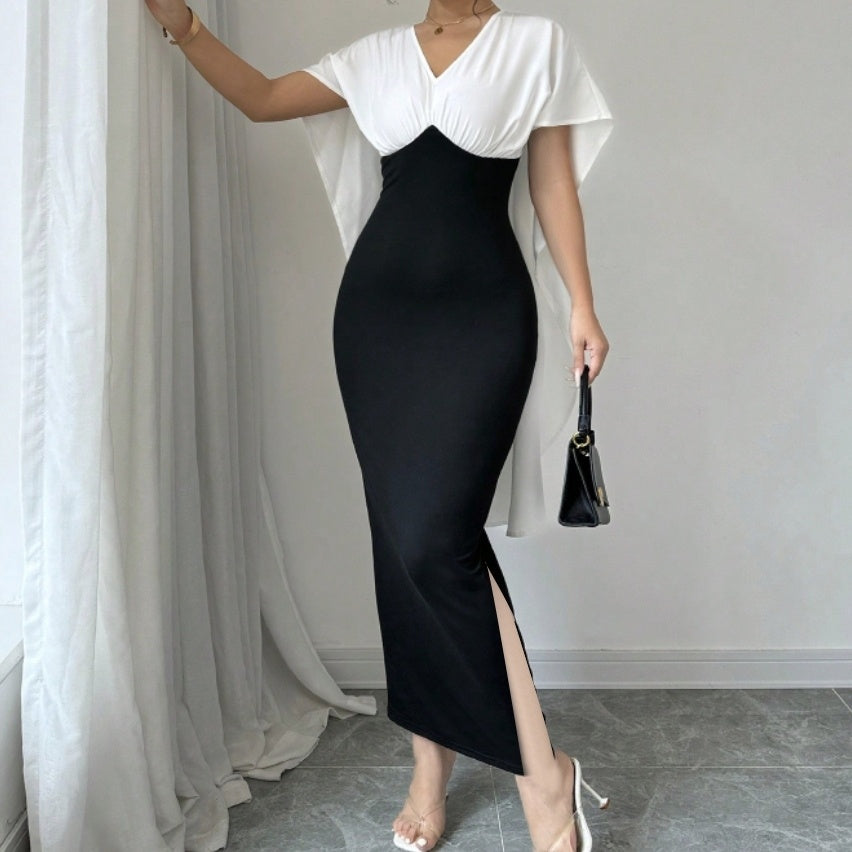 Ladies’ Commuting Elegant Casual V-neck Color Block Patchwork Short Sleeved Dress - electronic accessories