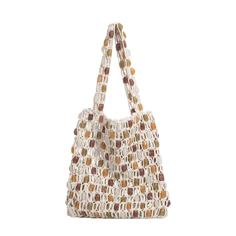 Ladies Summer Beaded Woven Bag Bucket - Beige