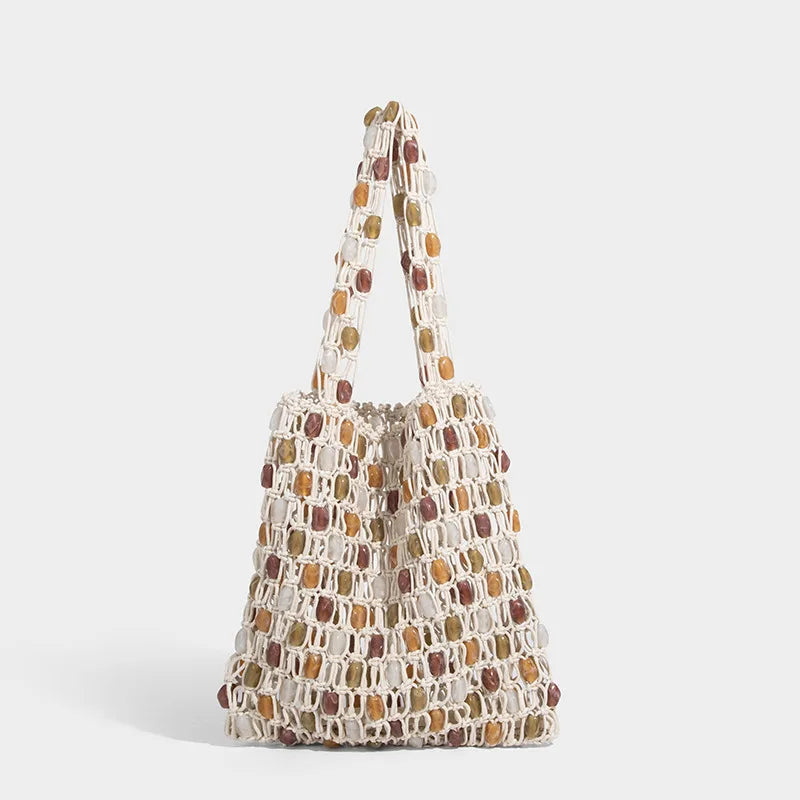 Ladies Summer Beaded Woven Bag Bucket - Beige