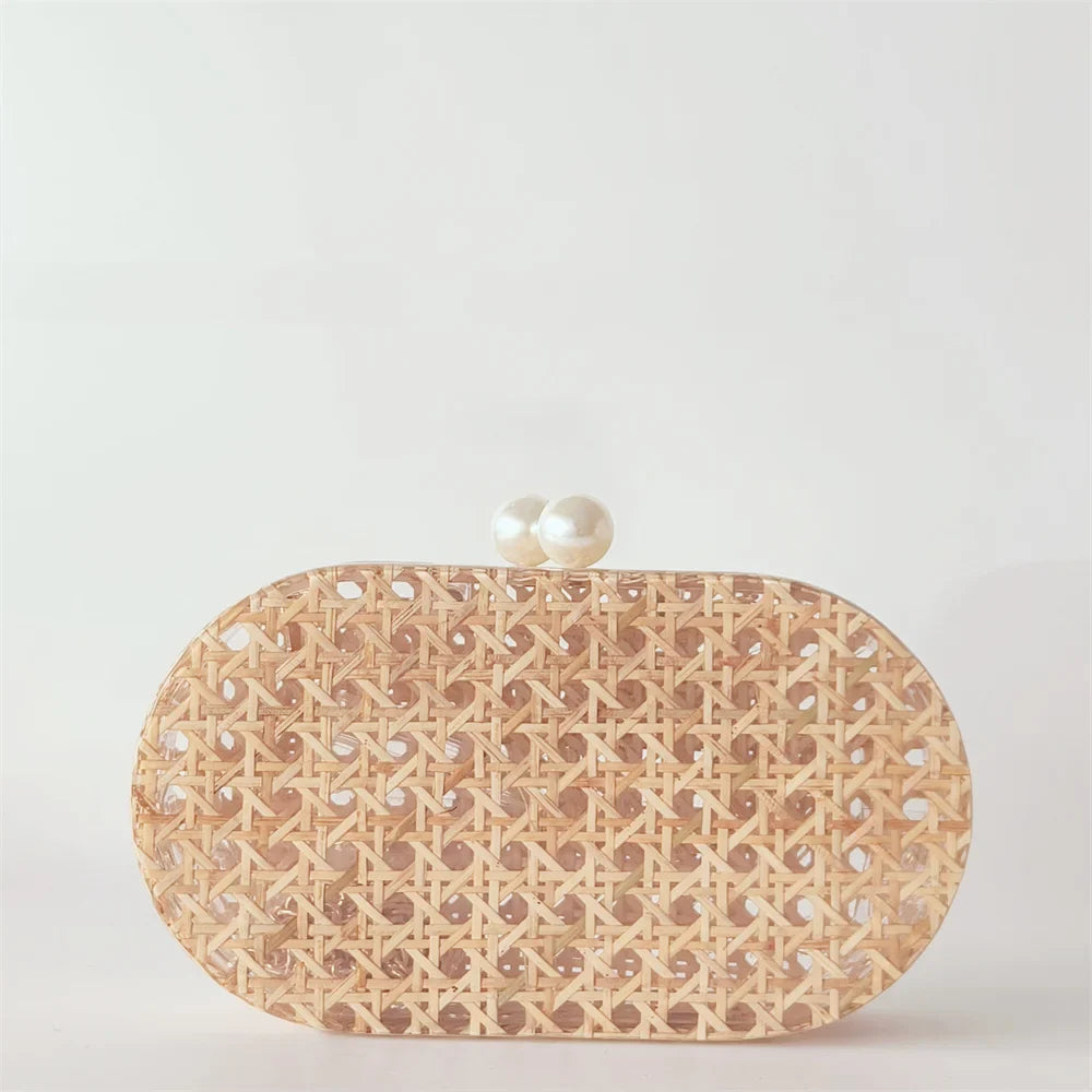 Lady Women Rattan Clutch Acrylic Egg Cane Bag