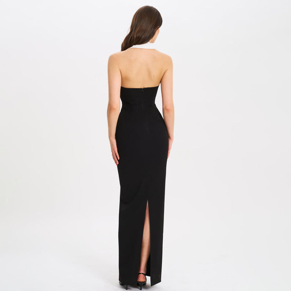 Lapel Backless Slit Dress - Other