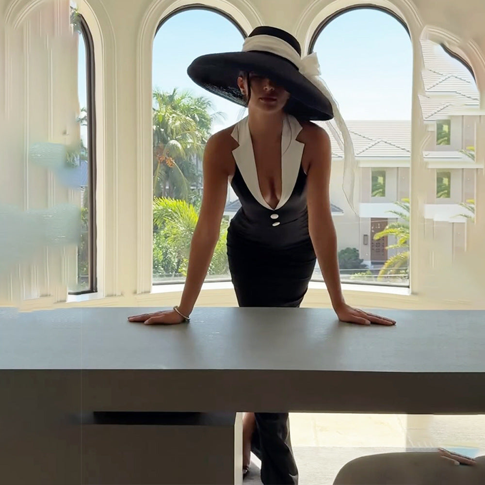 Lapel Backless Slit Dress - Other