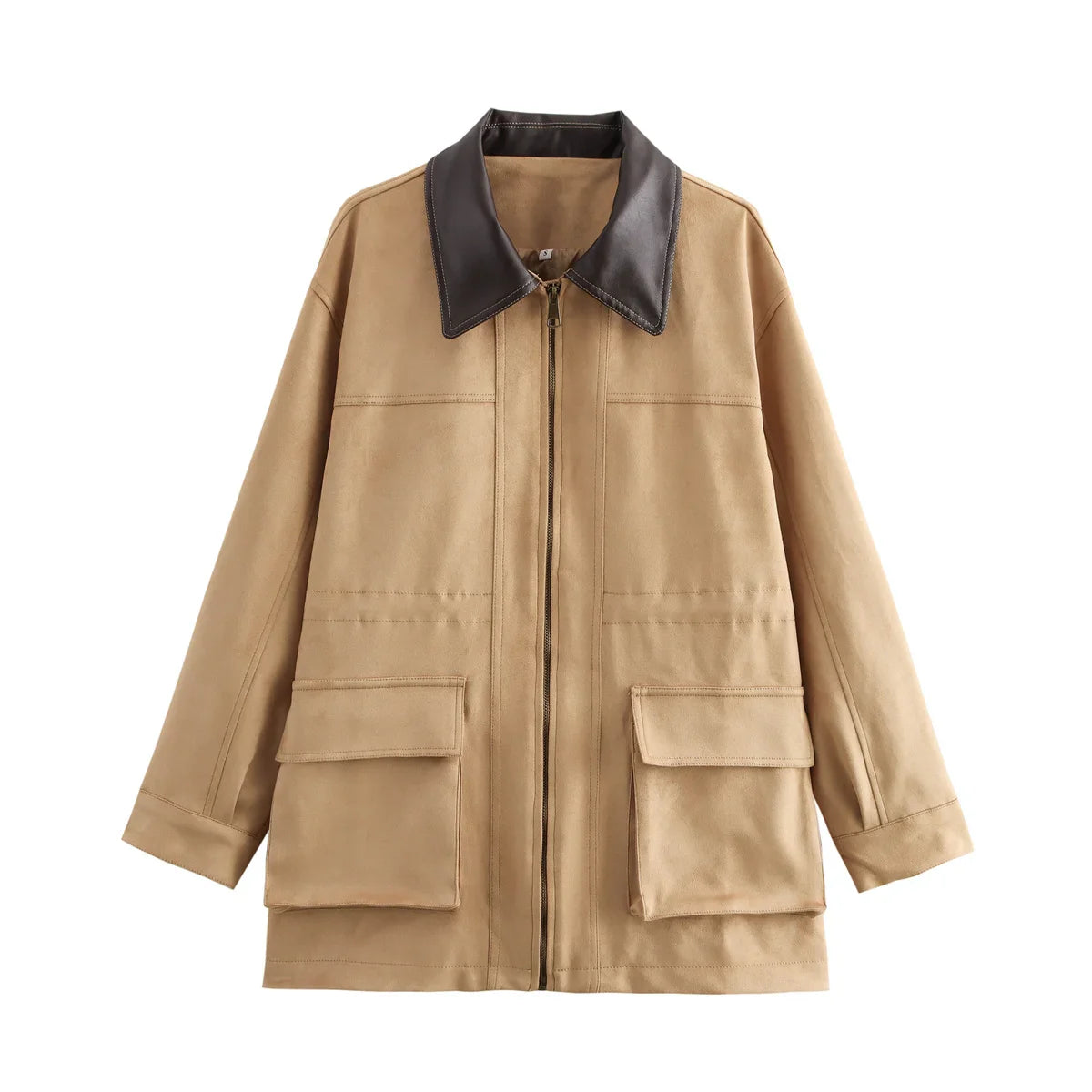 Lapel Contrast Color Large Pocket Mid-length Jacket - Khaki Brown / M