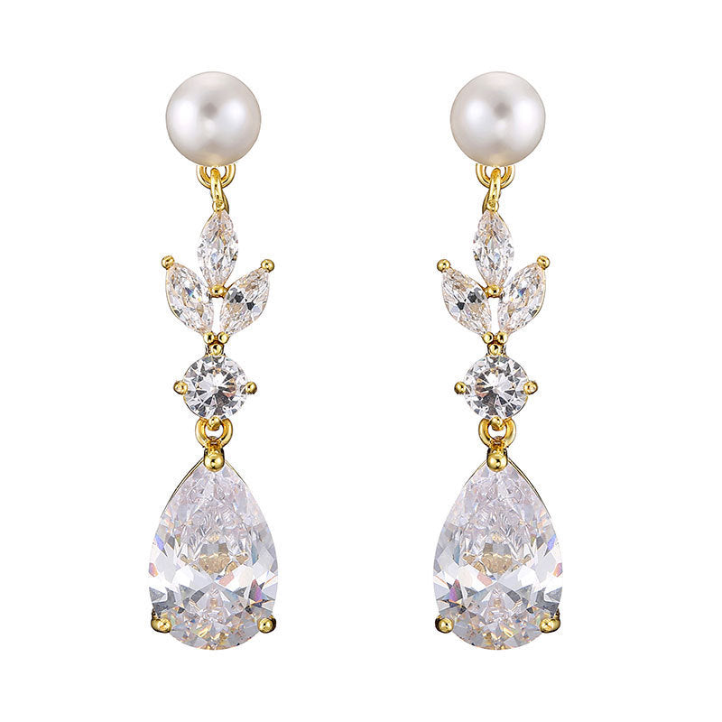 Leaves Zircon Water Drop Earrings Women - Gold Plated - electronic accessories