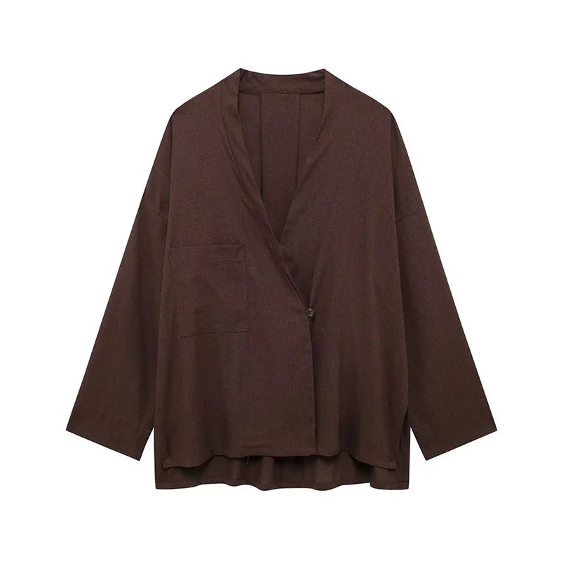 Lien V-neck Shirt Loose Pant Lady’s Set - Chestnut colored top / S