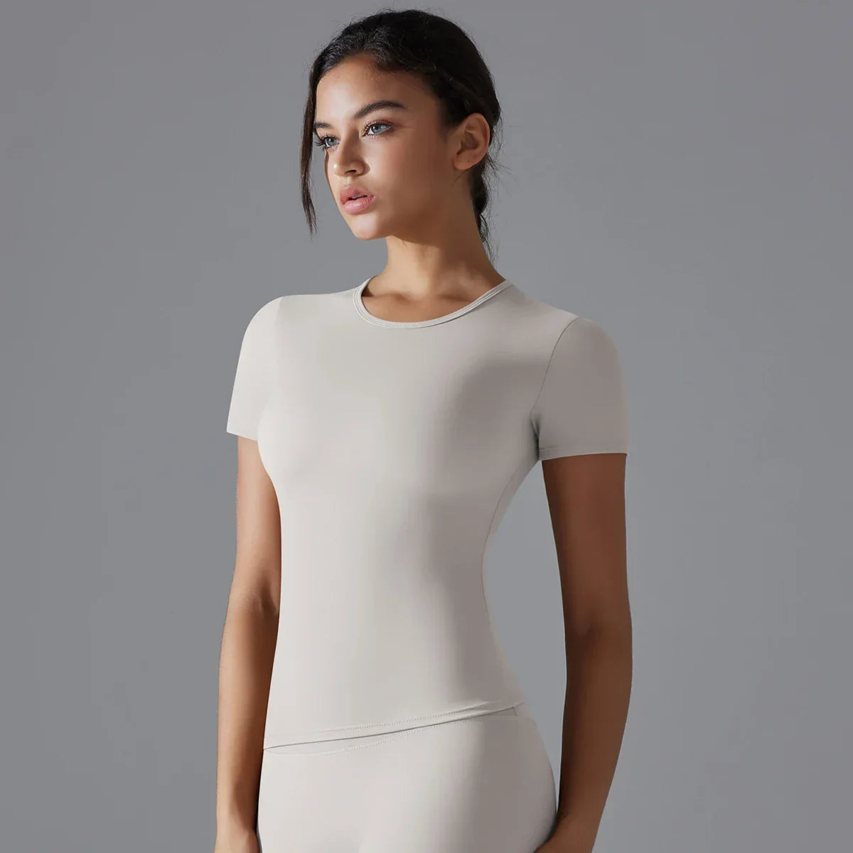 Light beige crew neck yoga vest training top for women