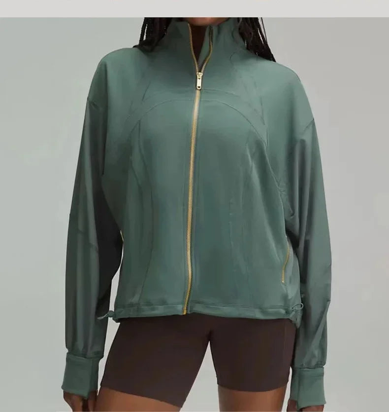 Relaxed fit athletic women outdoor jacket with stand collar in forest green