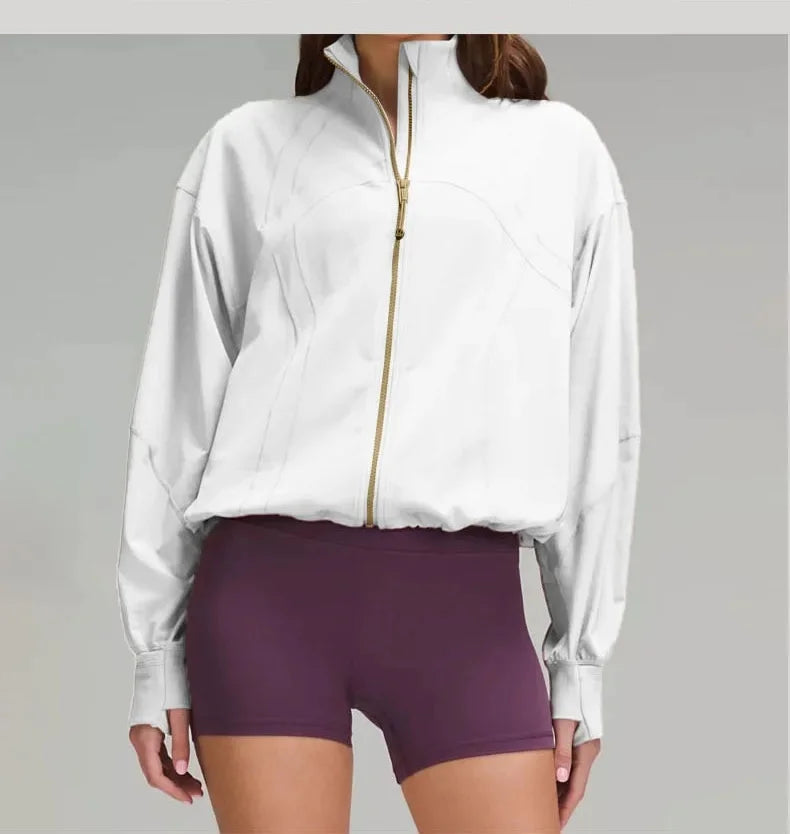 Light beige relaxed fit athletic jacket with stand collar for women