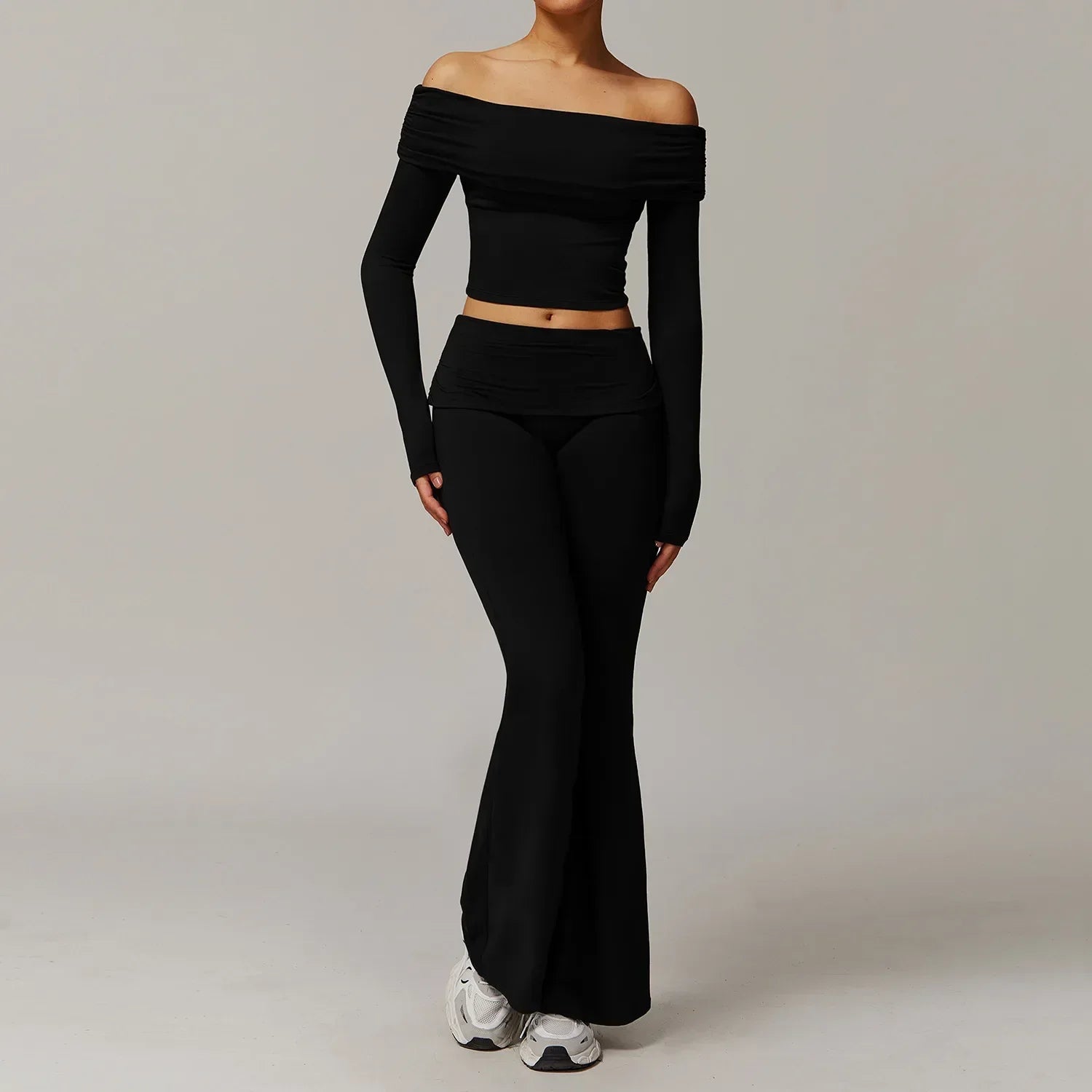 Light blue 2pcs yoga set: one-shoulder crop top and flared pants for women gym clothing