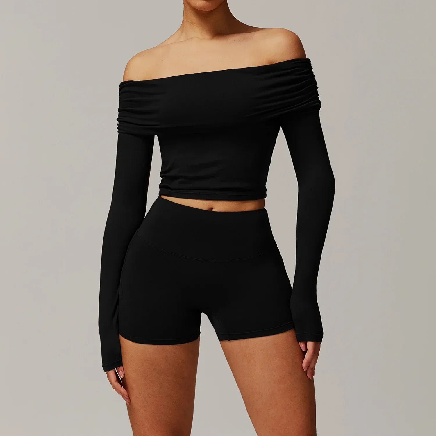 Light blue 2pcs yoga set with one shoulder crop top and flared pants for women gym clothing