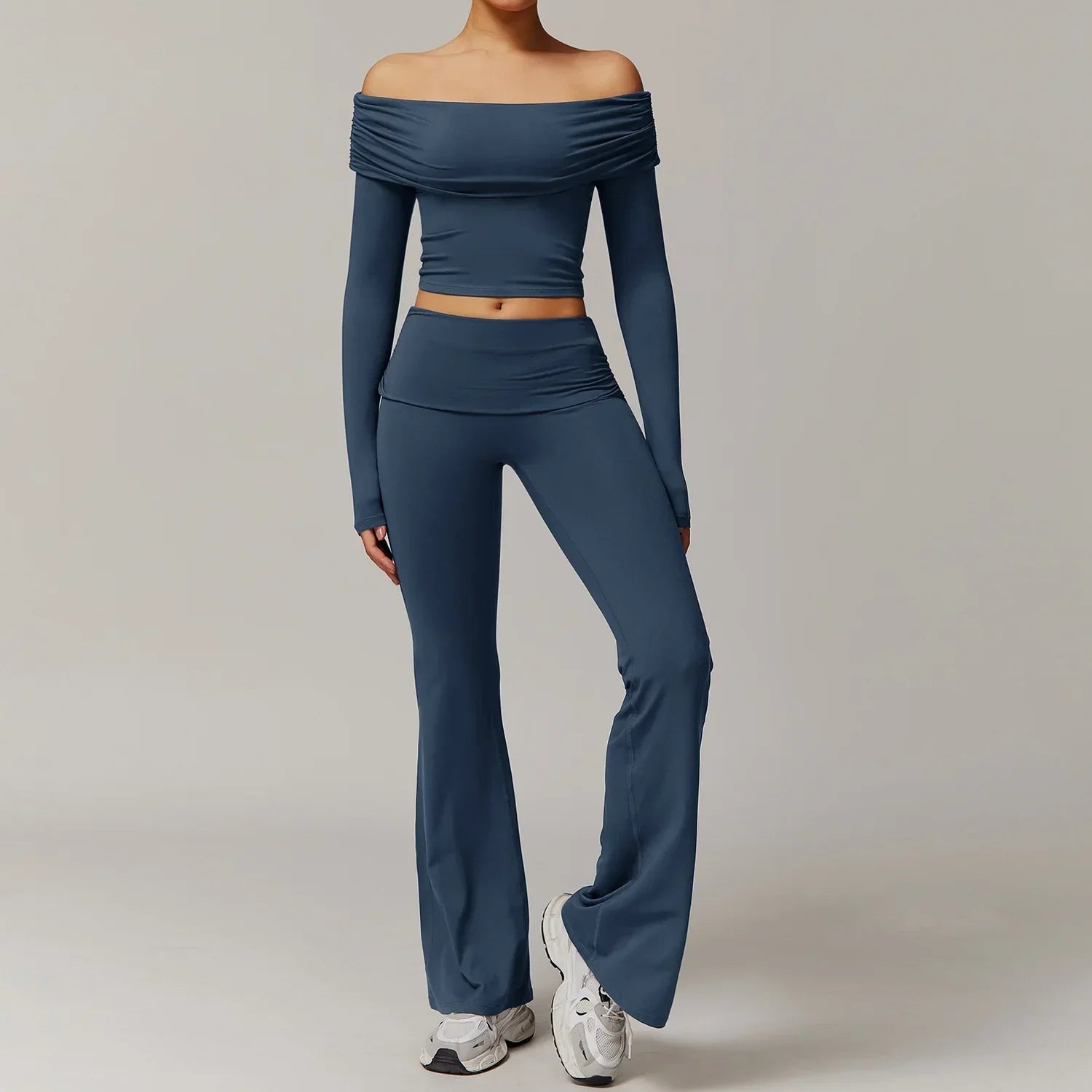 Light blue 2pcs yoga set with one shoulder crop top and flared pants for women gym clothing