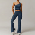 Light blue 2pcs yoga set with one-shoulder crop top and flared pants for women gym clothing