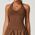 Brown halter neck top with V-neckline and pleated peplum hem for women shockproof yoga vest