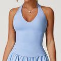 Light blue halter neck yoga vest with ruffled hem for women shockproof yoga and gym