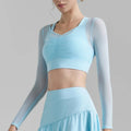 Light blue solid color mesh sports top with V neck and short sleeves for activewear