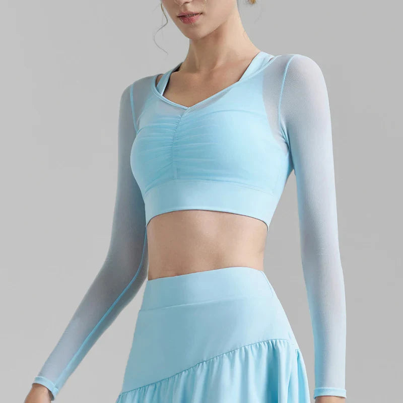 Light blue solid color mesh sports top with V neck and short sleeves for activewear