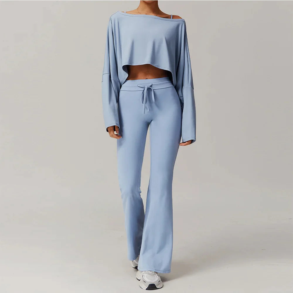 Light Blue Womens Sportswear 2pcs Set featuring a crop top and flared sweatpants for women tracksuit yoga