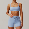 Light blue women’s sportswear 2pcs set with square-neck bralette and drawstring shorts