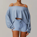Light blue women’s sportswear 2pcs set with off-the-shoulder crop top and shorts