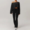Black off-the-shoulder long-sleeve crop top and flare pants set in Light Blue Womens Sportswear 2pcs Set