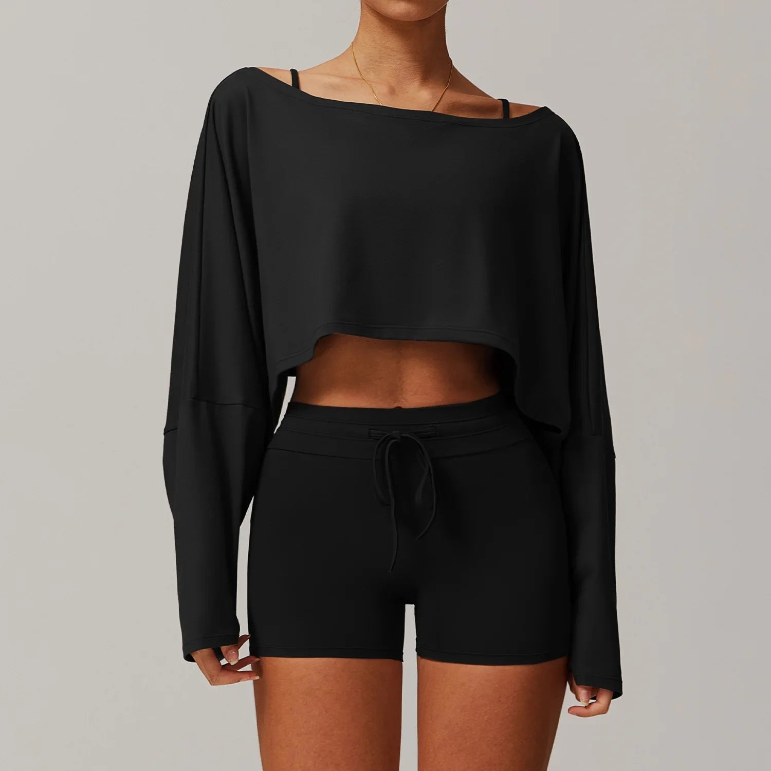 Black two-piece loungewear set with off-the-shoulder crop top and shorts, ideal as women tracksuit yoga sportswear 2pcs women