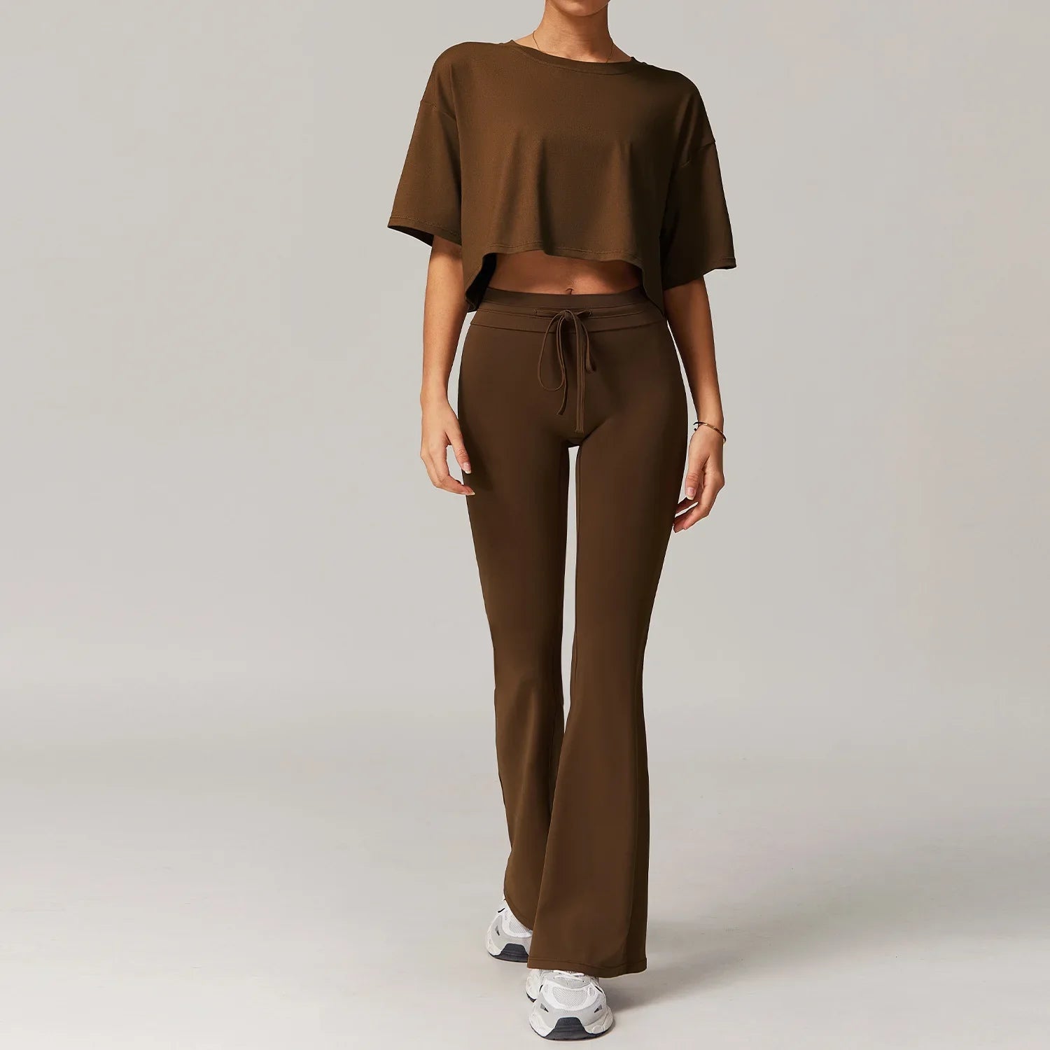 Dark brown short-sleeved crop top and flared lounge pants from Light Blue Womens Sportswear 2pcs Set