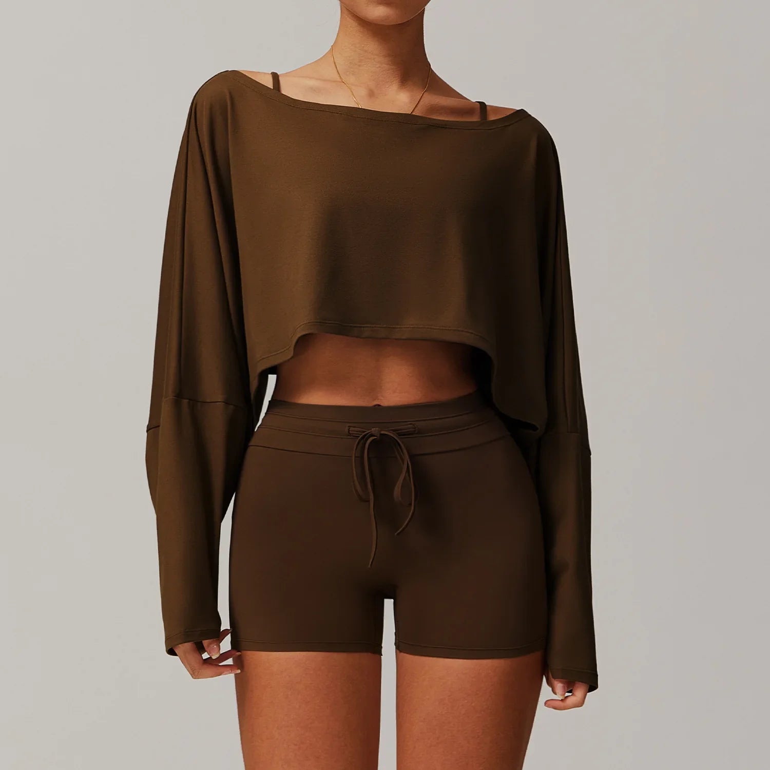 Matching olive green long-sleeve crop top and shorts set, ideal for women tracksuit yoga