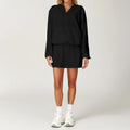 Lightweight black windbreaker dress with hood and cinched waist for women