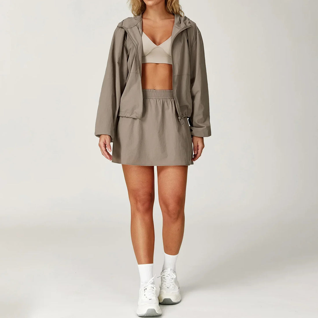 Light green hooded windbreaker dress with cinched waist for women