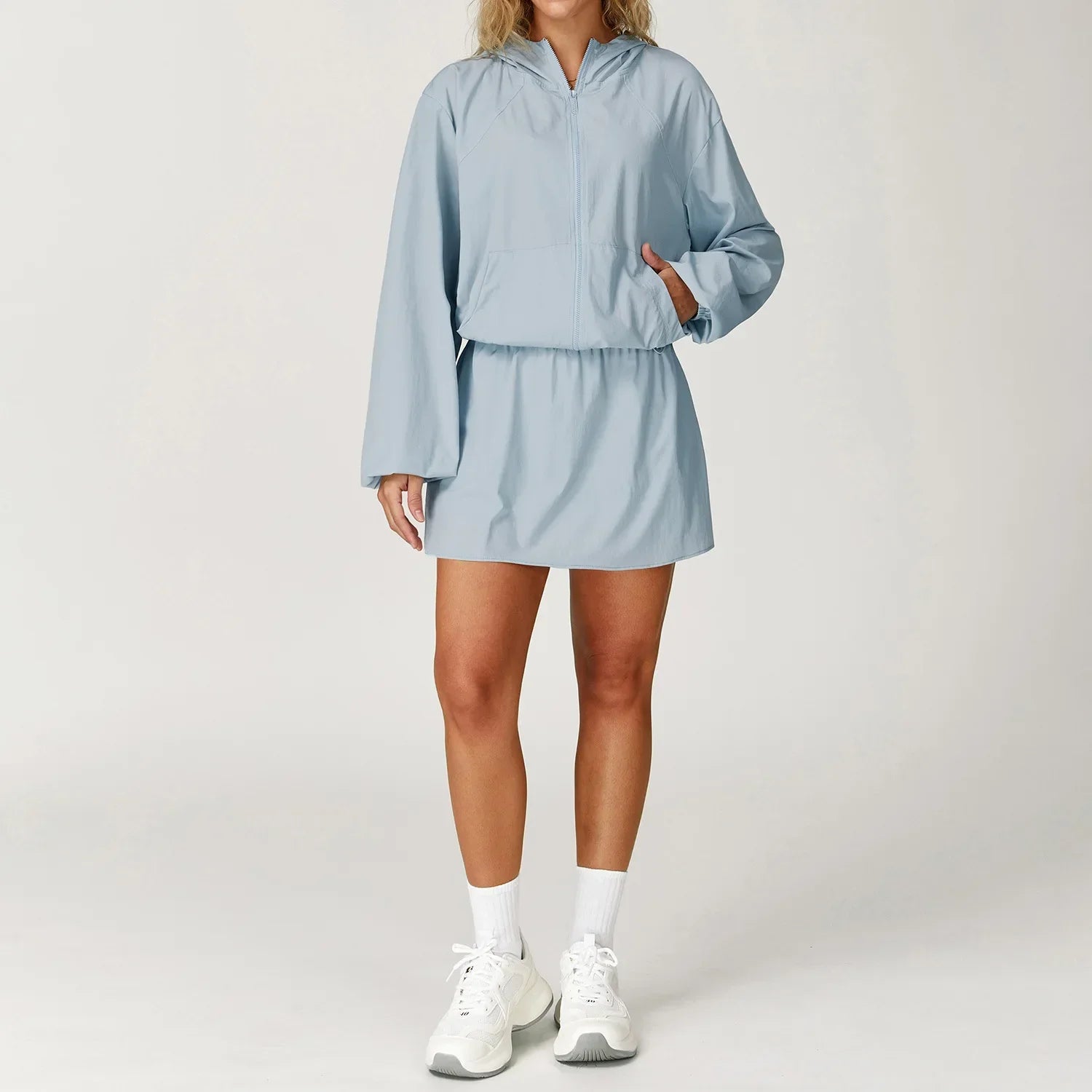 Light blue windbreaker dress with hood, long sleeves, elastic waist for women