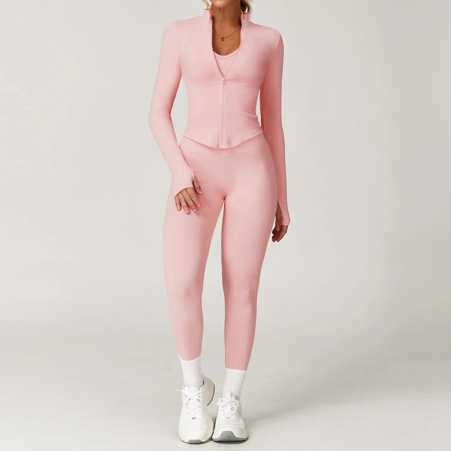 Light pink seamless gym set with long-sleeved jacket and leggings