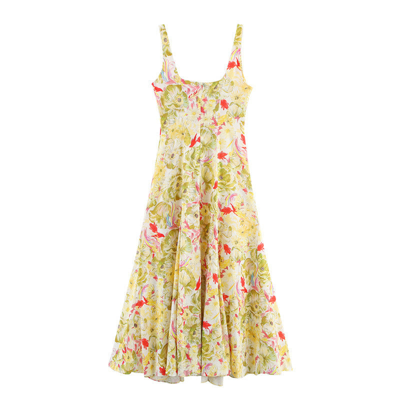 Linen Blended Printed Sleeveless Sling Dress - Other